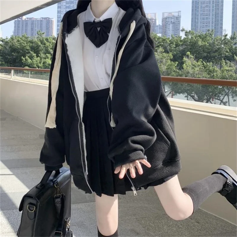 

Милое японское пальто Loli Girly в студенческом стиле; Kawaii; Теплая Повседневная Свободная верхняя одежда на молнии с капюшоном и шнуровкой