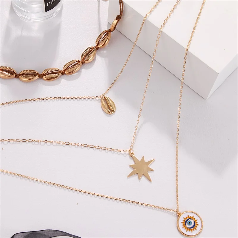 Богемная Женская Золотая ракушка Звезда Луна глаз подвеска многослойное на