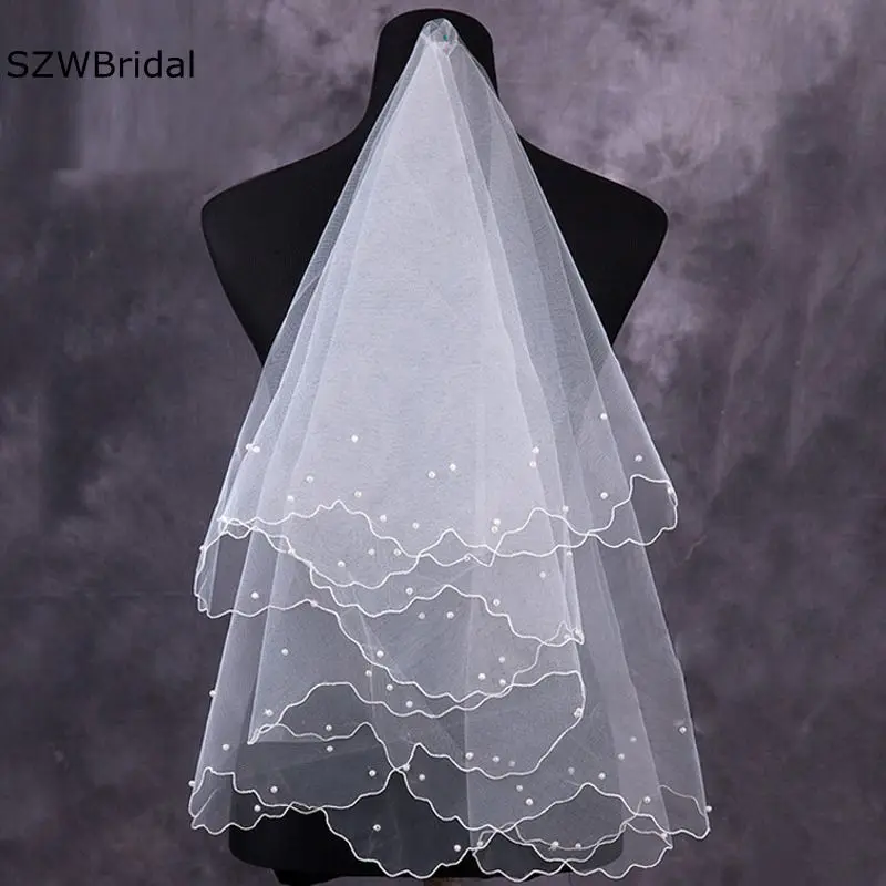 

Free Shipping Cheap Bridal Veils Pearls Beaded White Ivory Wedding Veil Wesele Veu de noiva sposa Bride accessories wedding