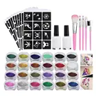 Набор для Временной Татуировки с блестками, 24 цвета, 120 шаблонов, набор для Временной Татуировки с блестками, 2 клея, 2 кисти, рисование лица, Нейл-арт