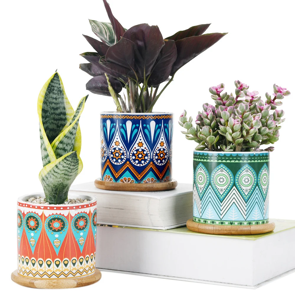 

Sun-E Set of 3 Succulent Plant Pots, 3.15 Inch Round Cactus Ceramic Planters with Bamboo Trays & Drainage Hole Mandalas Pattern