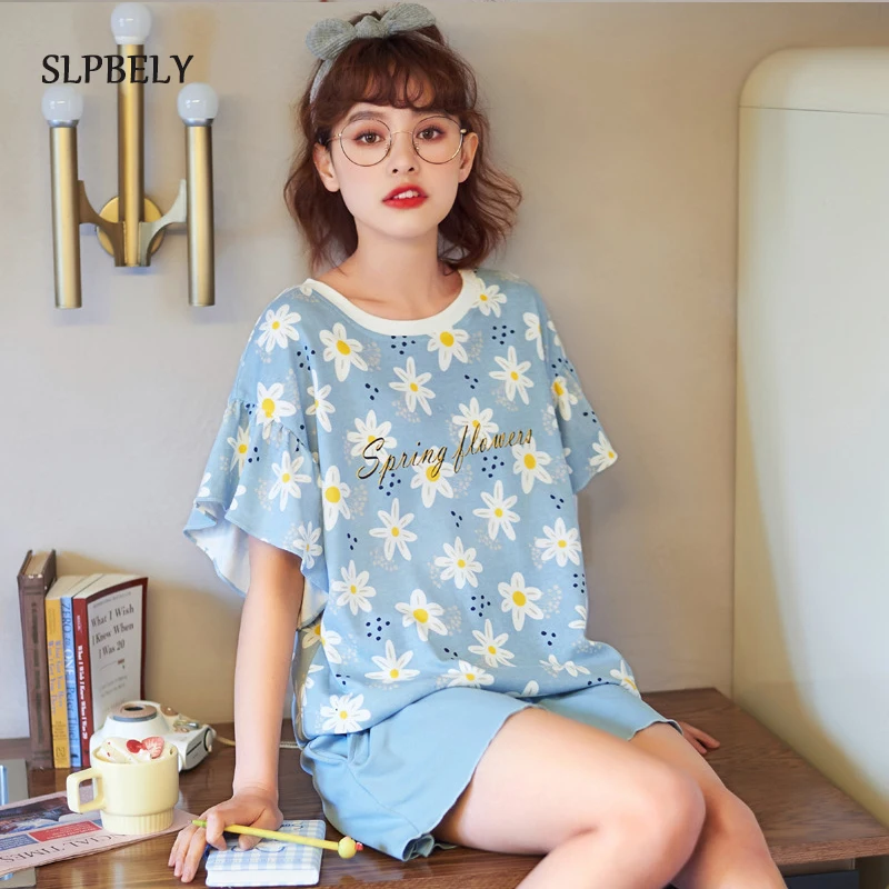 

SLPBELY Women's Pajamas Pyjamas Set Summer Lovely Floral Daisy Printed O Neck Short Sleeve Pijama Homewear Nightsuit Sleepwear