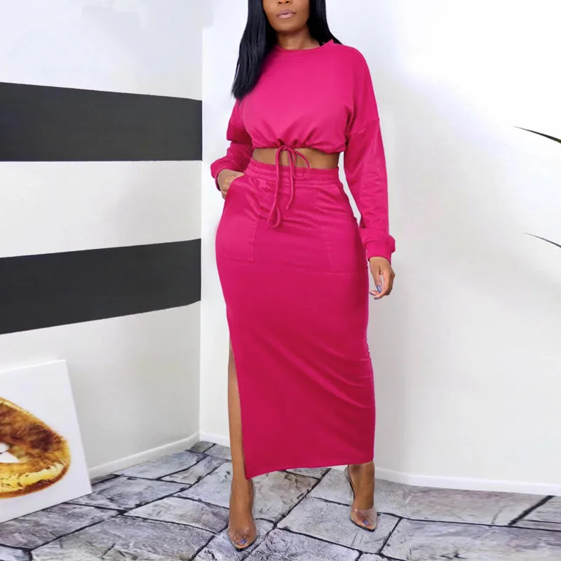 

Женский Повседневный костюм из двух предметов, укороченный топ с длинным рукавом и юбка макси с разрезом, весна-лето 2021