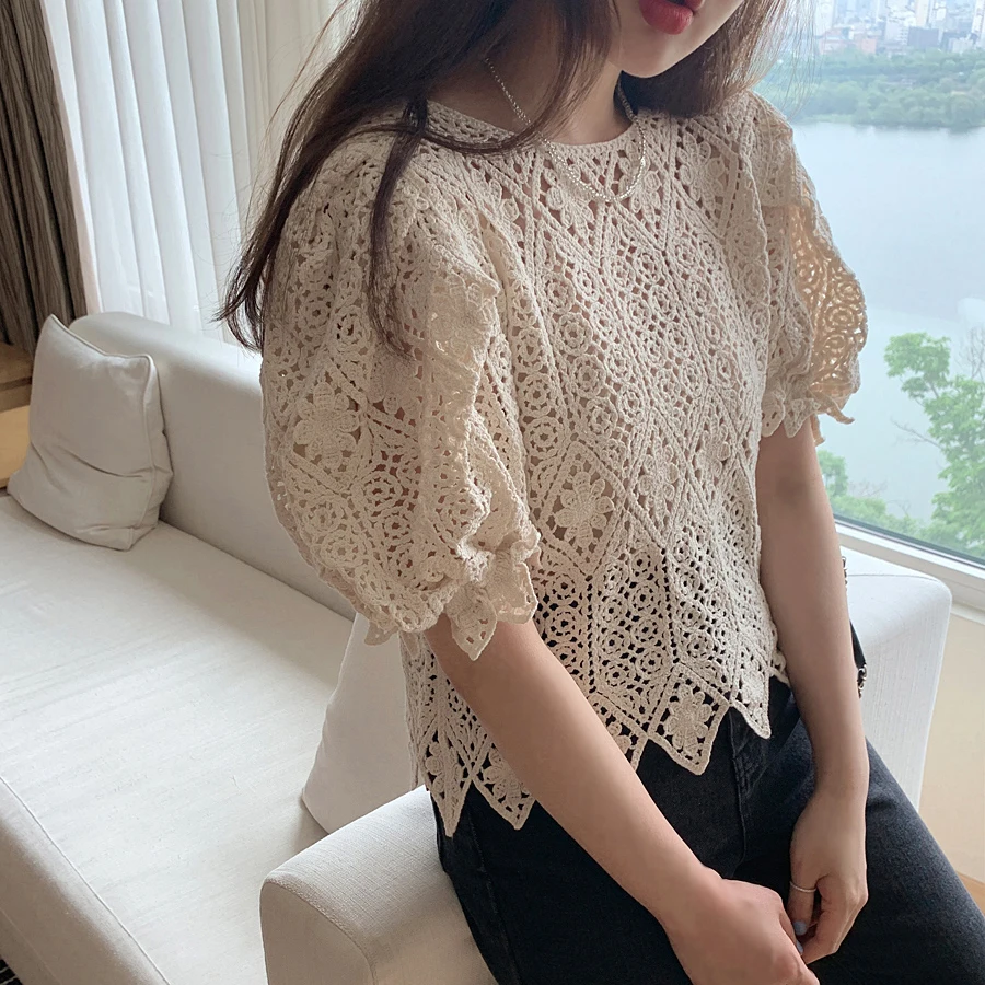 

Summer New Puff sleeves Hollow out Women clothes Short sleeve Round neck Short shirt wild irregular Crochet Lace Tops