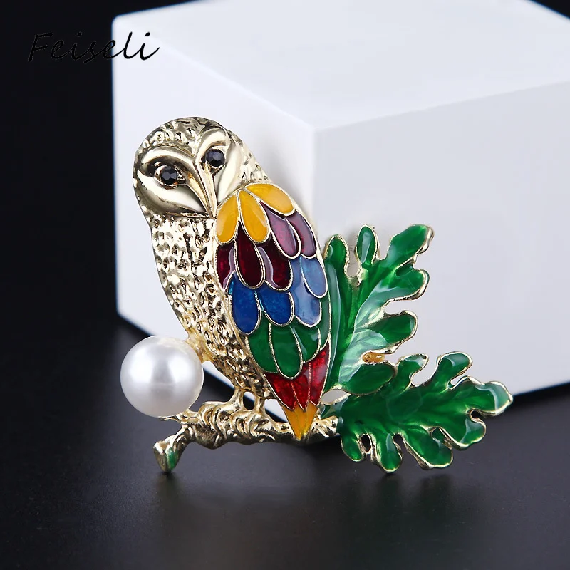 Feiseli искусственная жемчужина цветная сова птица брошь для женщин свитер одежда
