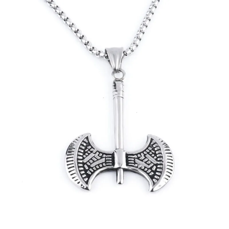 

2021 Viking Double Axe Pendant Necklace Male 3.0MM Stainless Steel Chain Hip Hop Punk Ball Domineering Jewelry