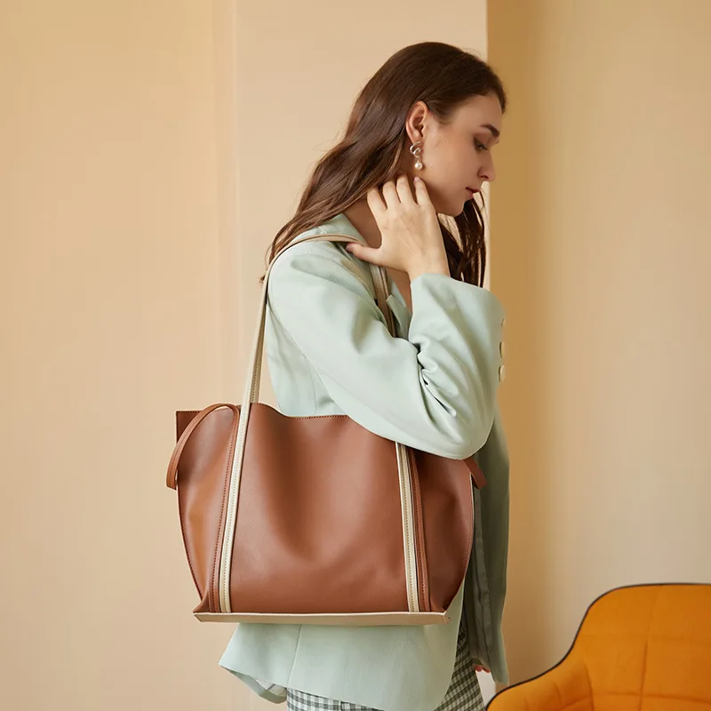 Genuine Leather Big Ladies Hand Bags 2021 New Color Matching Shoulder Bag Luxury Designer Women Totes Luxury Designer Handbags