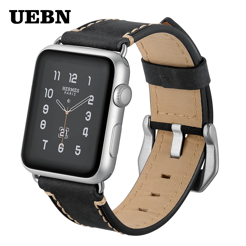 Ремешок UEBN для Apple Watch series 5 44 мм 40 кожаный серебристый сменный Браслет с пряжкой