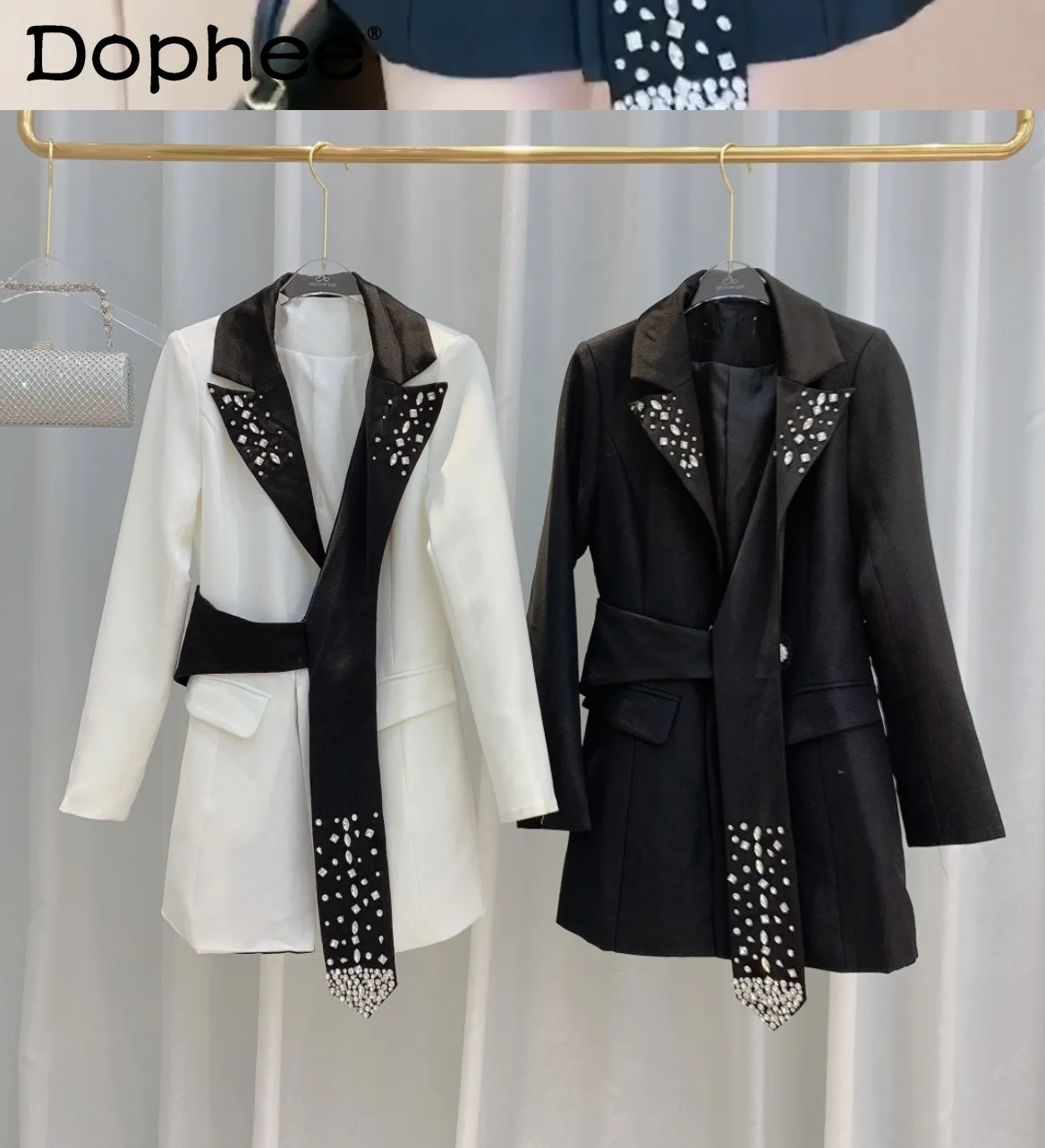 

High Quality Rhinestone Slim Waist Suit Coat Dress Femme Working Clothes for Women Mid-Length Blazer Suit 2021 Fall Winter Coat