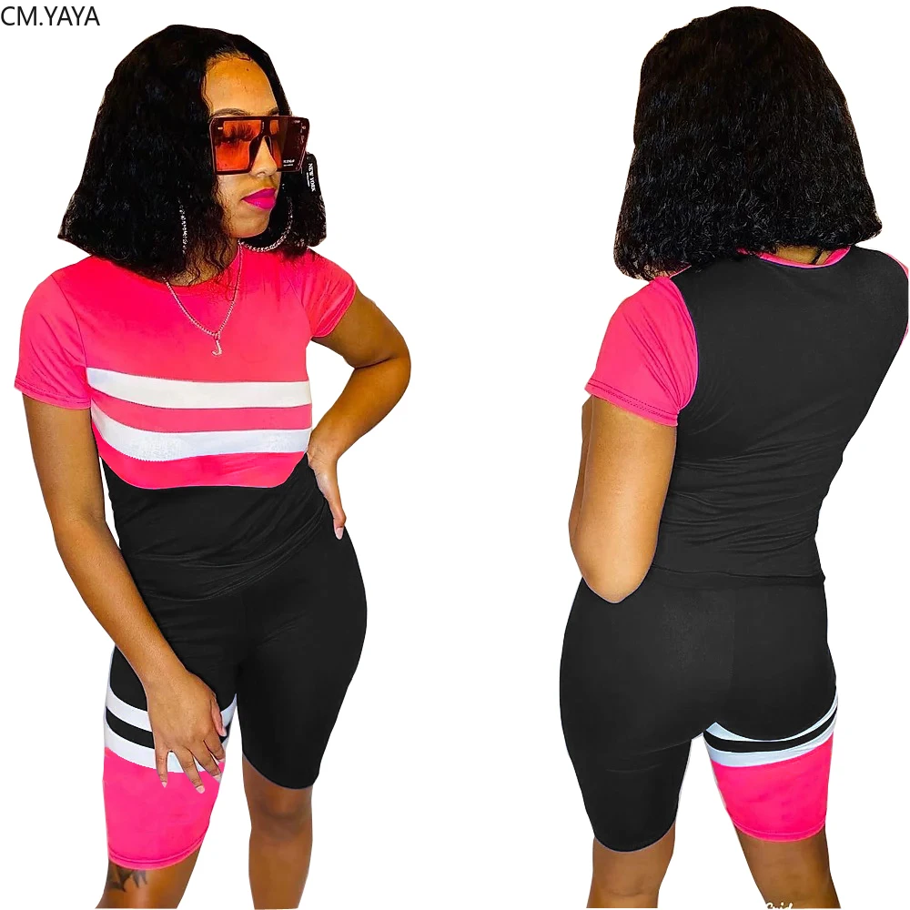 Women Two Pieces Sets stripes patchwork Tracksuits short sleeve tee tops shorts jogger pants suit Sporty Outfits matching set | Женская
