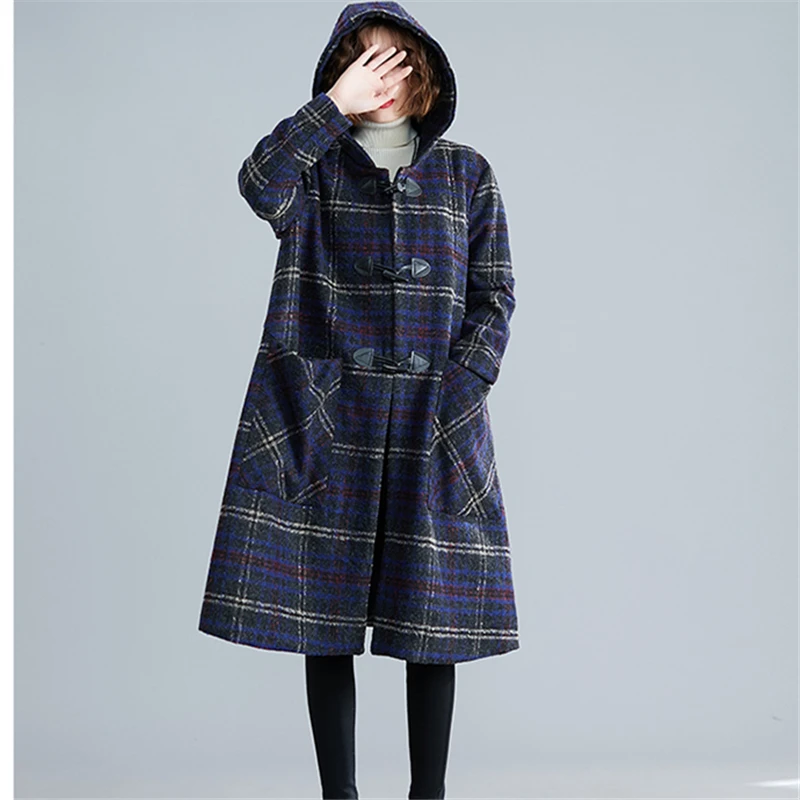 Женское длинное шерстяное пальто толстое Свободное в клетку с капюшоном принтом
