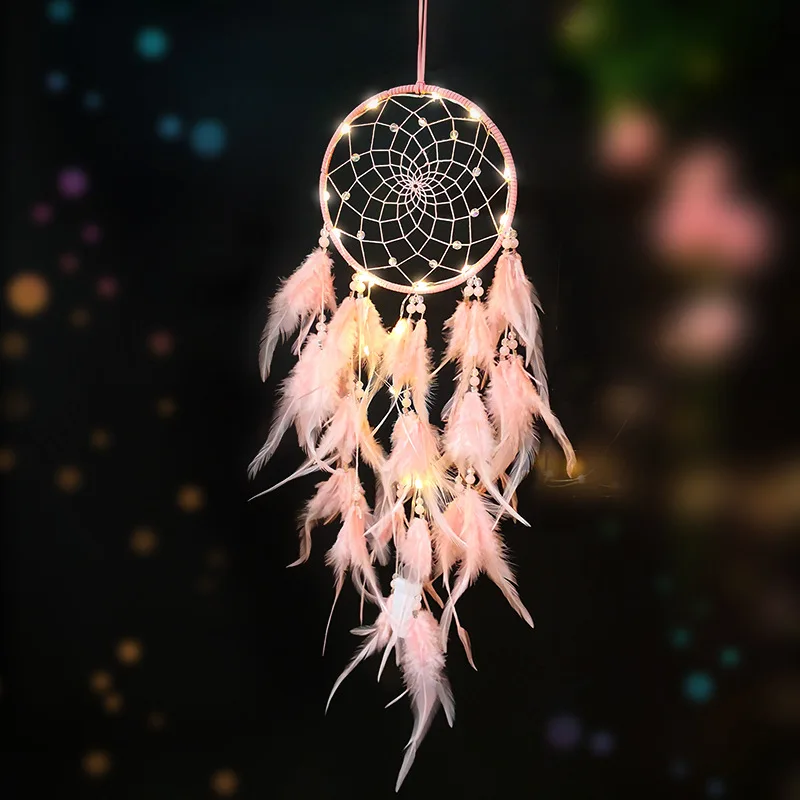

Girl Heart Dream Catcher National Feather Ornaments Lace Ribbons Feathers Wrapped Lights Girls Room Decor Dreamcatcher