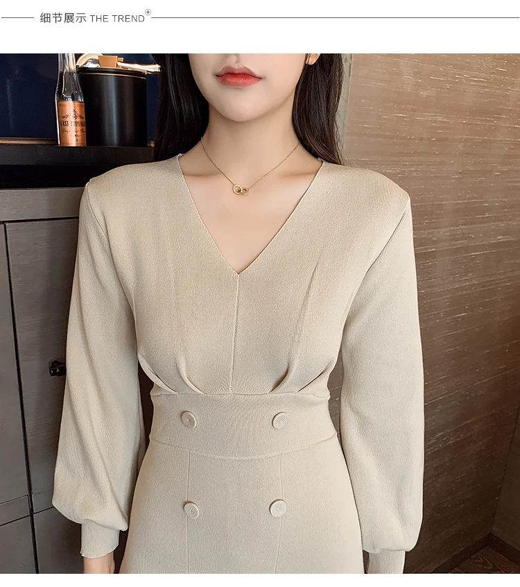 Женское трикотажное платье с V-образным вырезом и длинным рукавом тонкое