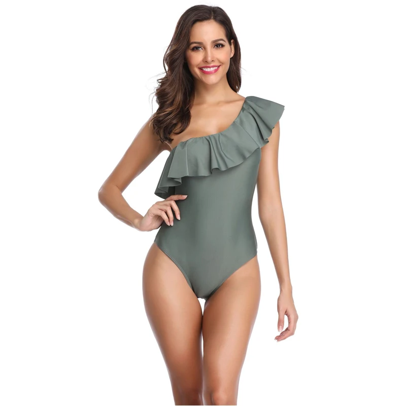 One Piece Swimsuits Women Shoulder Swimwear Asymmetric Ruffle Summer Bathing Suits Solid Color Monokinis | Спорт и развлечения