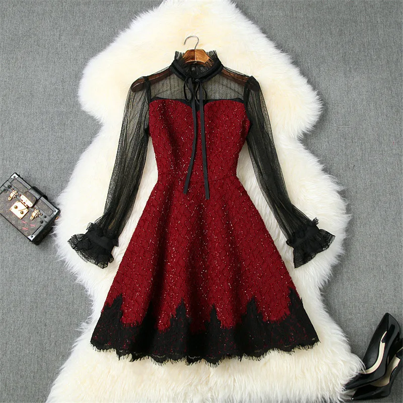 

New Arrival 2020 Spring Dresses for Women Fashion Designer Long Sleeve Transparent Tulle Patchwork Mini Sexy Party Dress Vestido