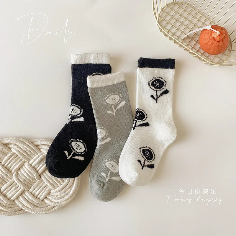 Calcetines con flores coreanas para ni&ntilde;os y ni&ntilde;as, medias de algod&oacute;n para estudiantes, primavera y oto&ntilde;o, 3 pares-5