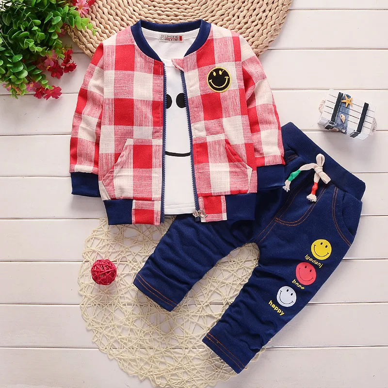 Baby Boy Clothes Korean Fashion Sports Plaid Jacket Smile T-shirt Pants 3PCS Infant Outfit Girl Suit Bebes Jogging Suits | Детская