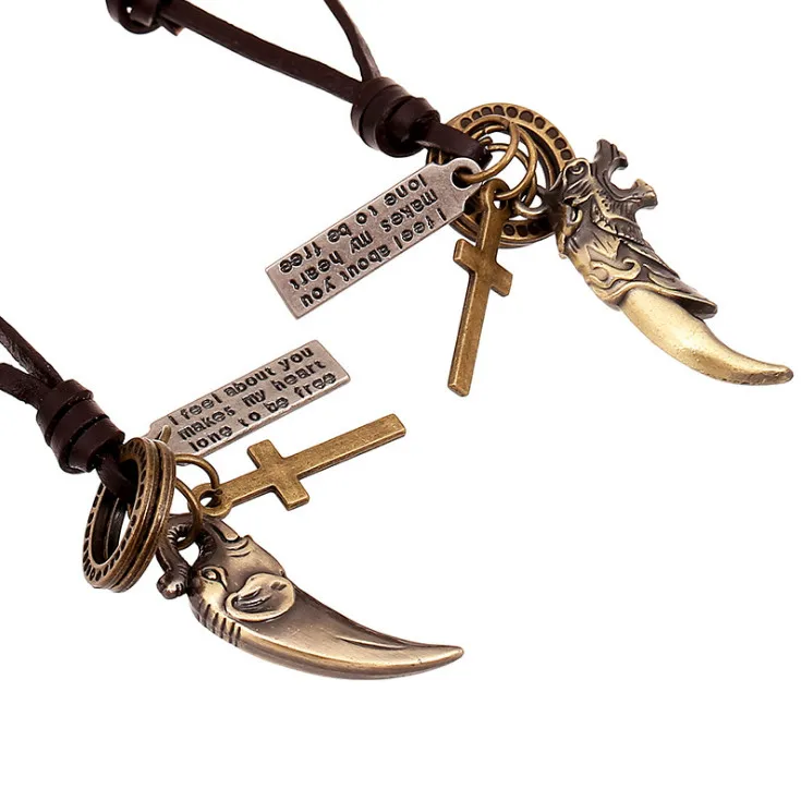 Gothic Punk Rock Mannen Lange Ketting Metalen Wolf Olifant Hanger Cross Charmes Handgemaakte Lederen Ketting Mode Vrouwen Sieraden Gothic Punk Rock Mannen Lange Ketting Metalen Wolf Olifant Hanger Cross Charmes Handgemaakte Lederen Ketting Mode Vrouwen Sieraden