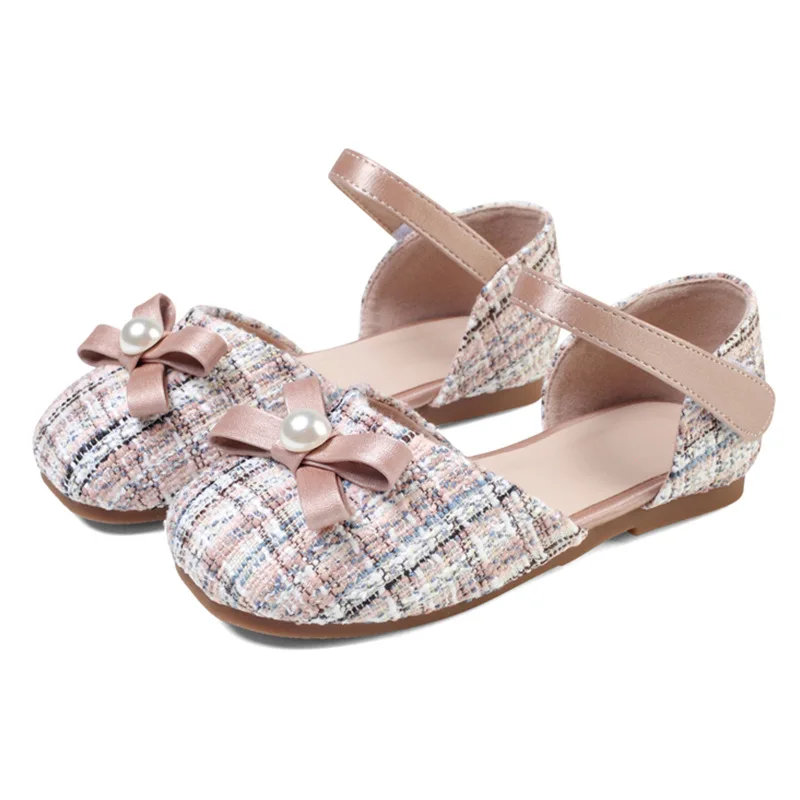 

Fashion Pearl Bowknot Children Shoes New Casual Girl Party Shoes New Check Cotton Cloth Princess Shoes Low-heeled Baby Kid Shoes