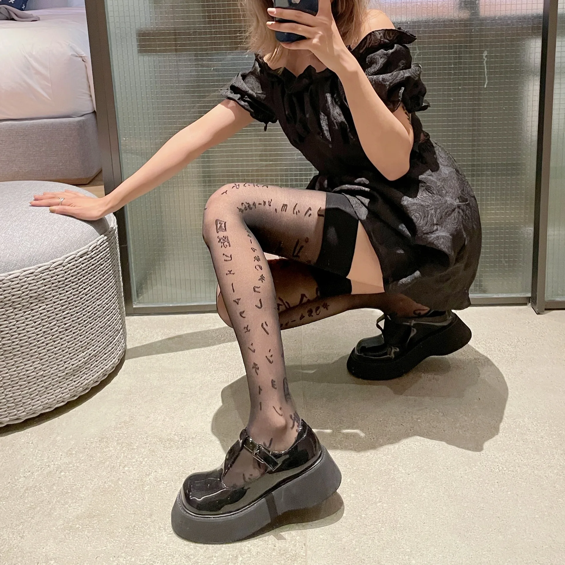 

Summer Women's Black Japanese Printing Stockings Sweet Sexy Letters Kawaii Knee-High Socks Hosiery Harajuku Cute