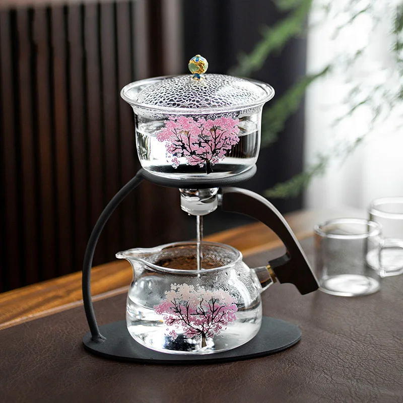 

Cherry Lazy Semi-automatic Glass Tea Set With Cups Magnetic Type Heat Resistant Glass Teapot Best Choice For Gift