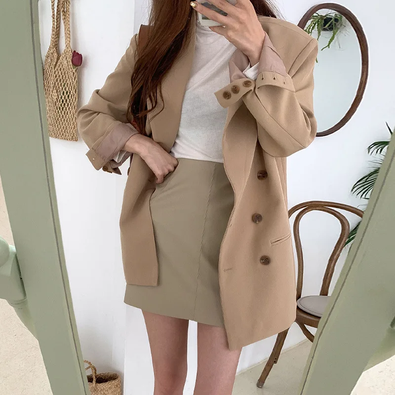 

2021 Elegant Women Double Breasted Solid Suit Coats Autumn Winter Loose Work Wear Long Sleeve Female Blazer Jackets