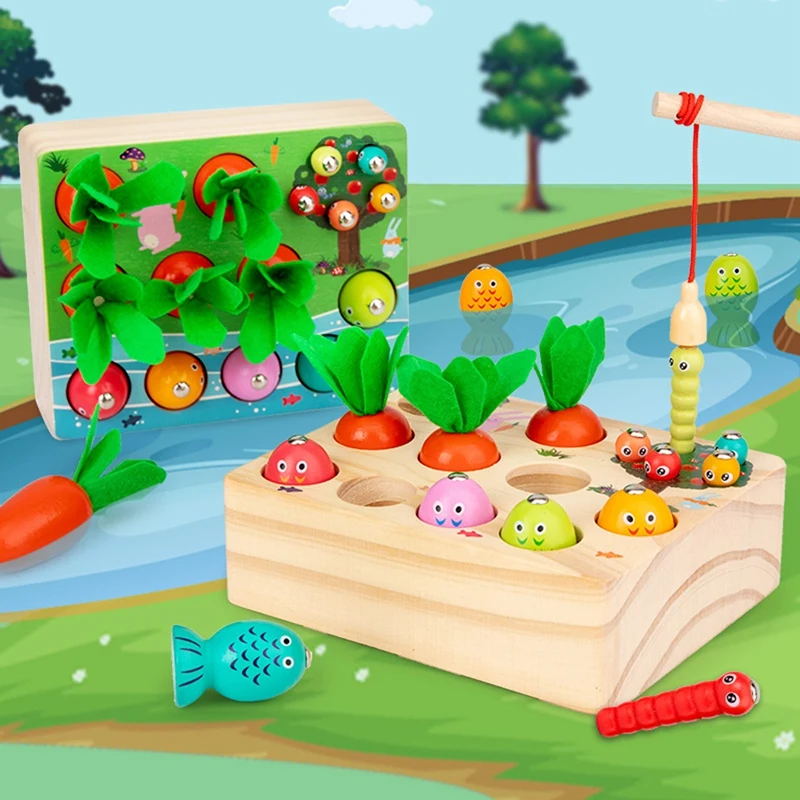 

Kids Wooden Magnetic Fishing Toy Catch Worm Pulling Carrot Games Interactive Educational Fishing Toy For Children