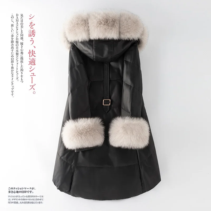 Женский пуховик из натуральной кожи с воротником меха лисы и овчины красный топ в