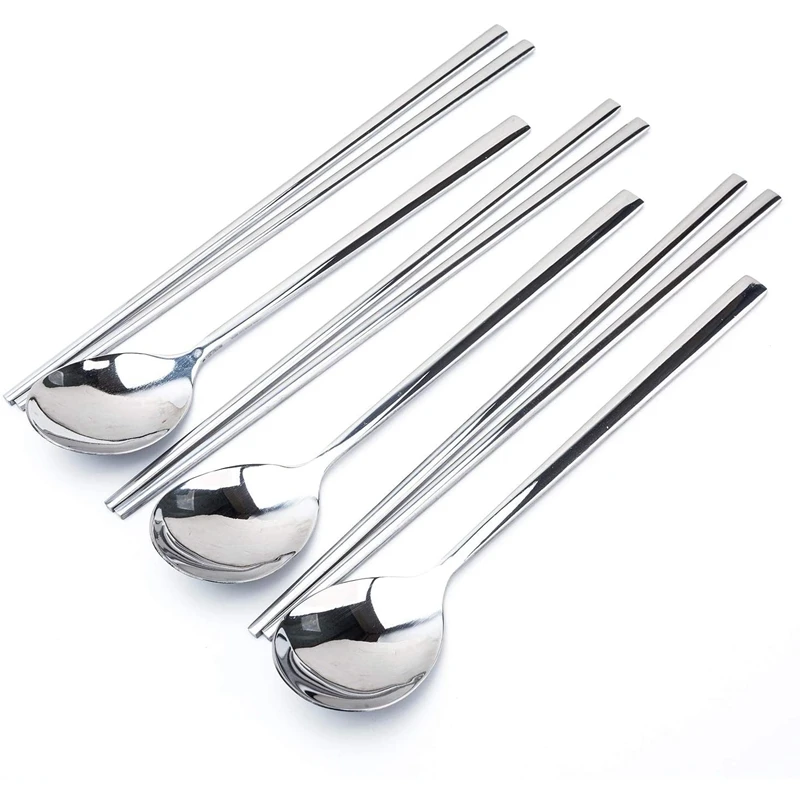 

New 3 Pairs Stainless Steel Chopsticks and Spoon Set, Reusable Metal Stainless Steel Square Handle Chopsticks and Spoons