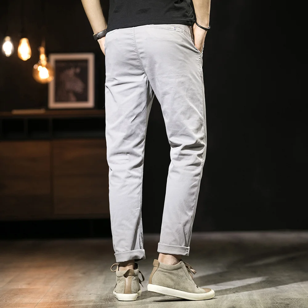 

Loldeal Men Long Pants Fashion Solid Color Mixed Cotton Washed and Worn Straight