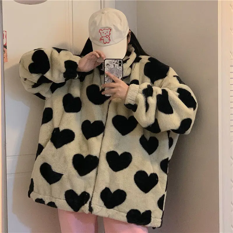 Autumn Winter Thick Jacket Female Top Casual Fashion Lamb Fluffy Comfortable Sweet Korean Loose Heart Pattern Warm Faux Fur Coat