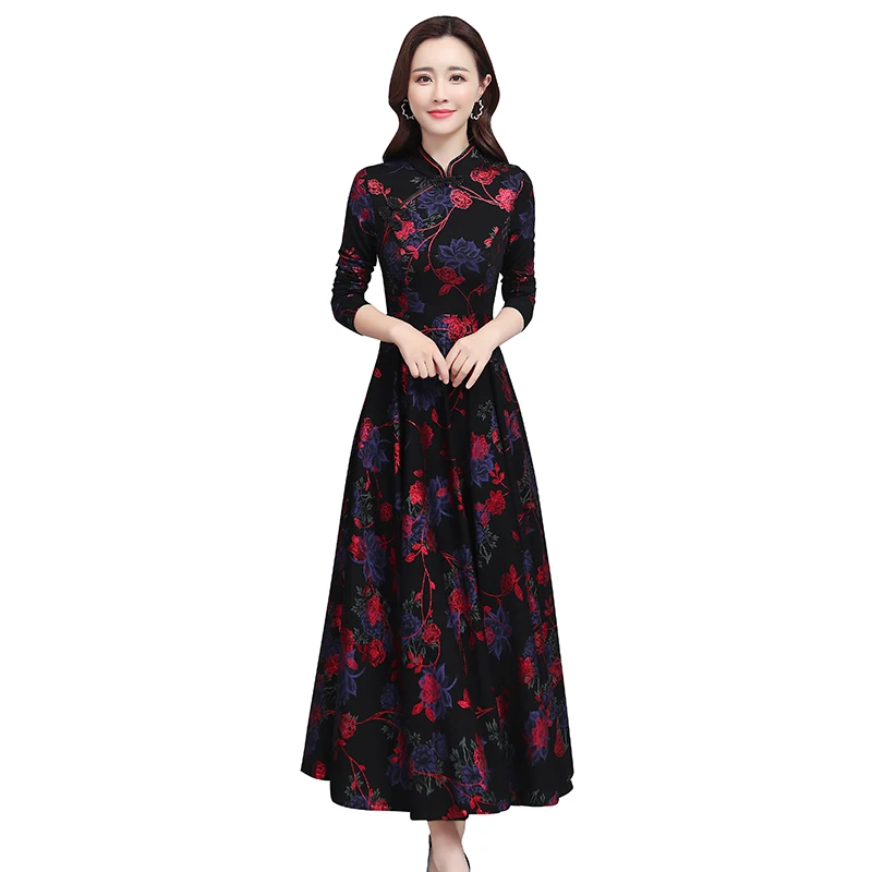 

2021 Spring Autumn Classy Bodycon Party Long Fashion Dress Chinese Style Chic Lady Print Vintage Midi Dress Women Maxi Vestidos
