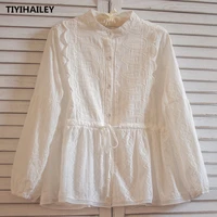 tiyihailey free shipping 2020 summer new cotton tops for women long sleeve embroidery tees thin white japan style brown red