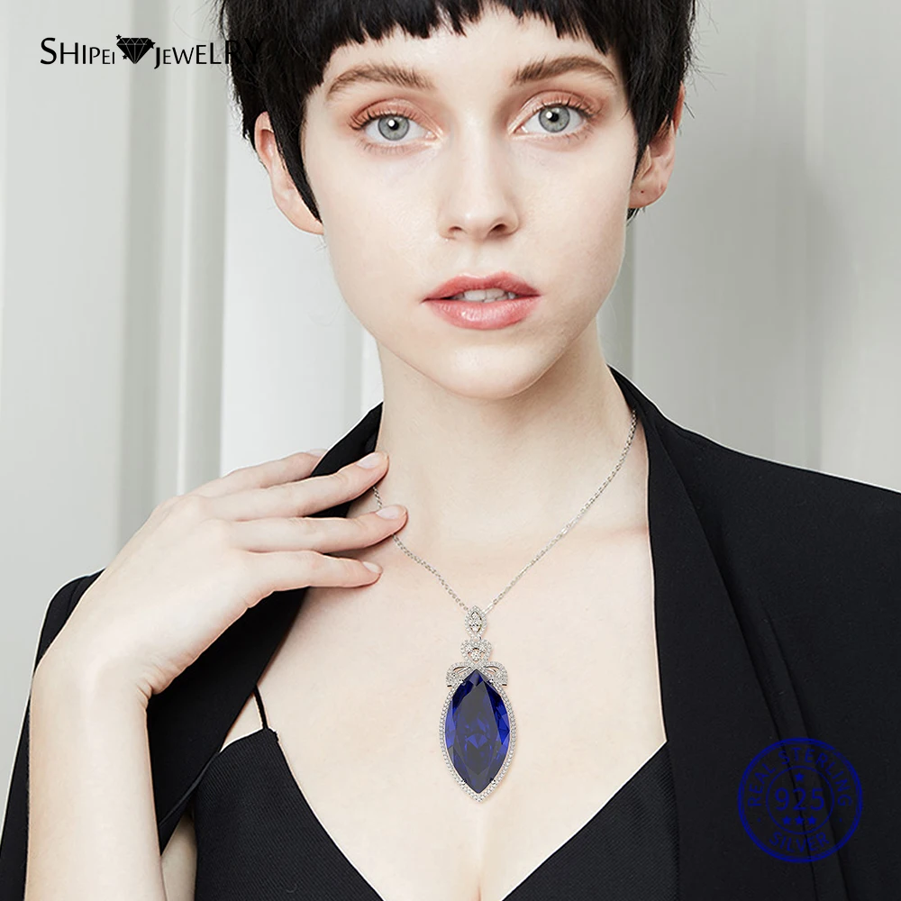 

Shipei 925 Sterling Silver Marquise Cut Necklace White Gold Big Sapphire Ruby Pendant Necklace for Women Wedding Birthday Gift