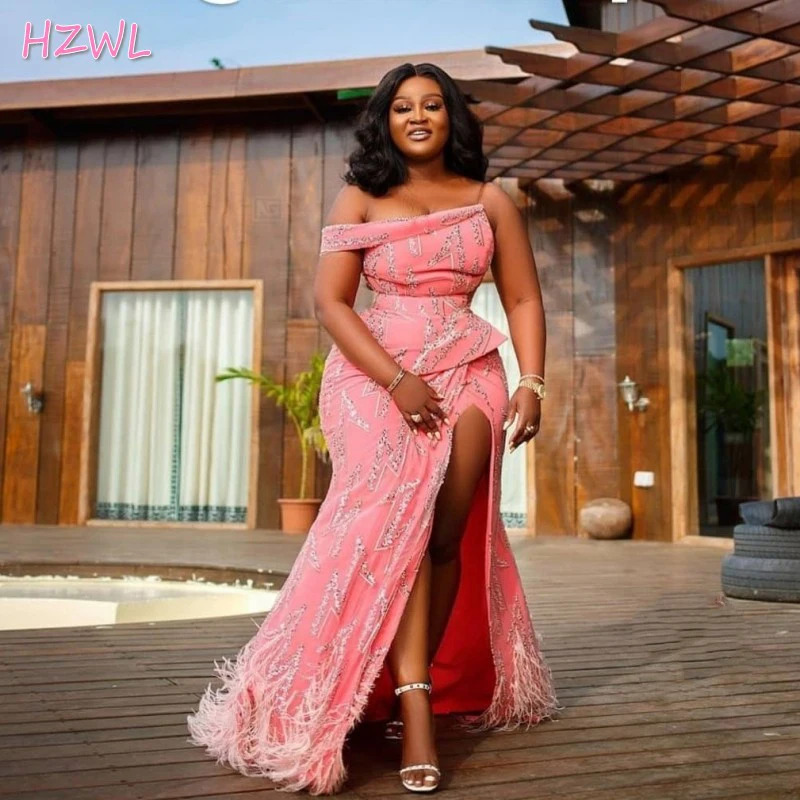 

Женское платье для выпускного вечера, с открытыми плечами и высоким разрезом, с перьями