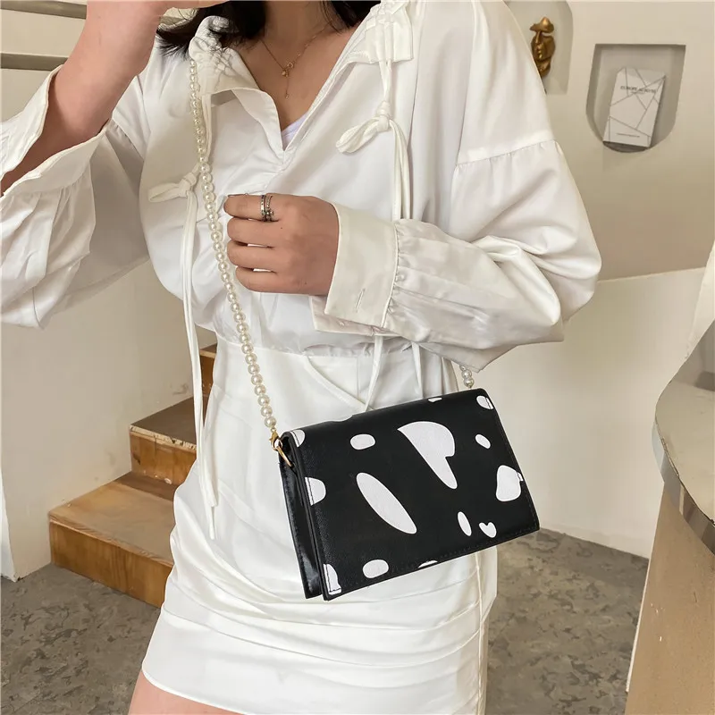 

Simple Foreign Style Crossbody Bags Female Satchels Cow Pattern Pearl Small Square Shoulder Purses Novelty Messenger Handbags