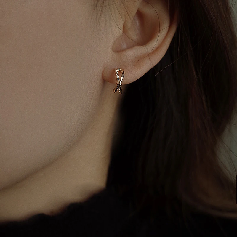 

925 Sterling Silver Plated 14k Gold Bow Stud Earrings for Women Premium Temperament All-match Four Seasons Fashion Jewelry