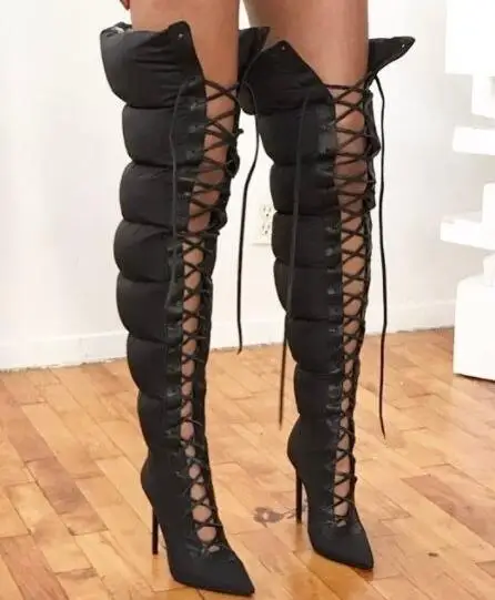 

Winter New Sexy Woman Black Gladiator Down Long Boots Lady Gladiator Cuts Out Cross Lace Up 120 mm Heels Over The Knee Boots