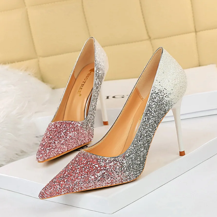 

2021 new sexy stiletto high heels shallow mouth pointed toe color matching gradient sequined high heels women's banquet shoes