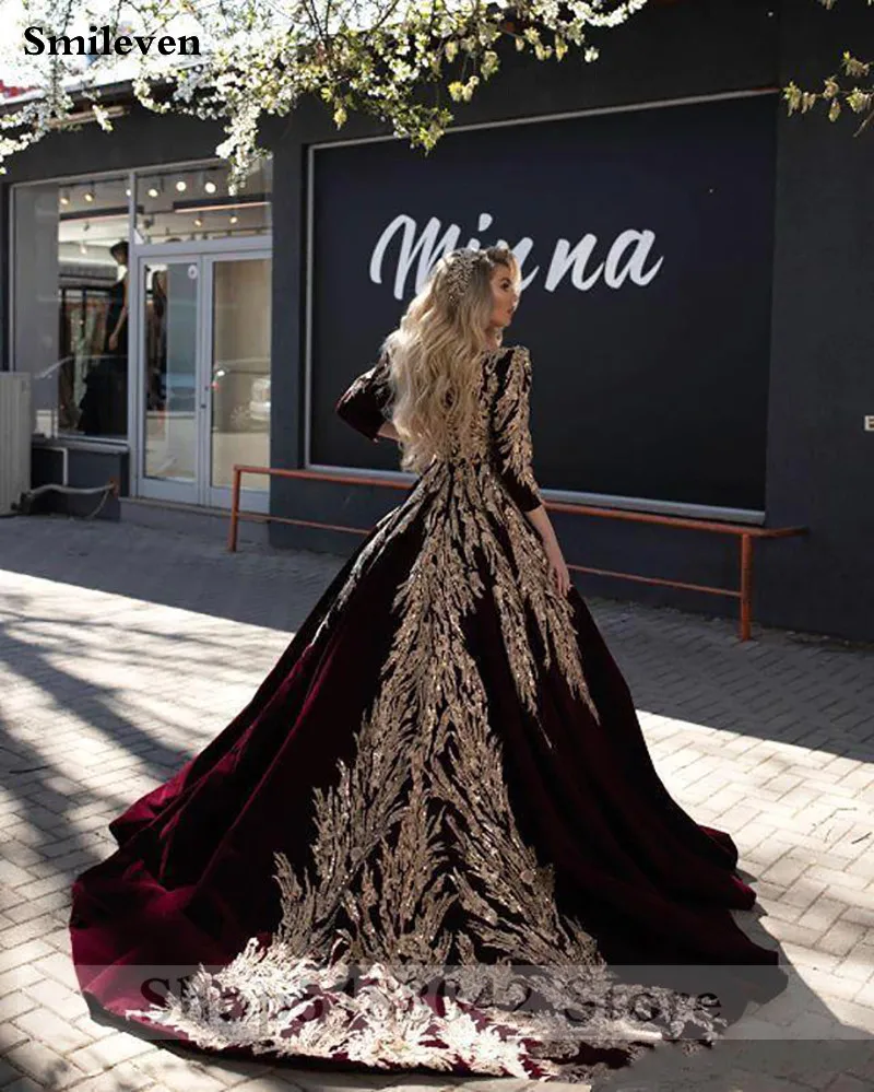 Вечернее платье Smileven Caftan karakou формальное с рукавом 3/4 вельветовое золотистое