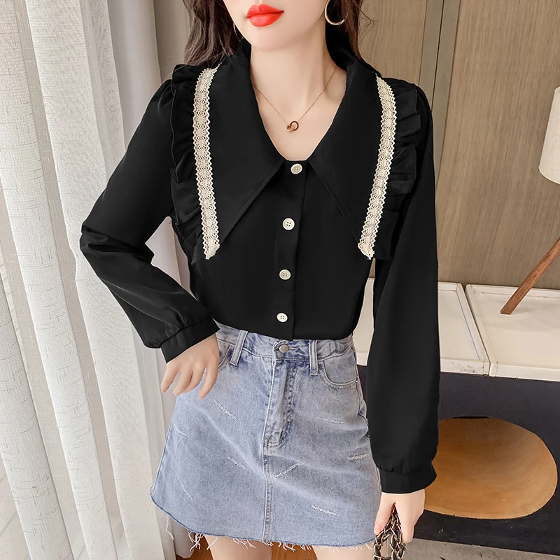 

Chiffon Women's Blouse Doll Collar Girl's Shirt Spring Autumn Casual Fashion Long Sleeve Top Clothing Lady Blusas Houthion