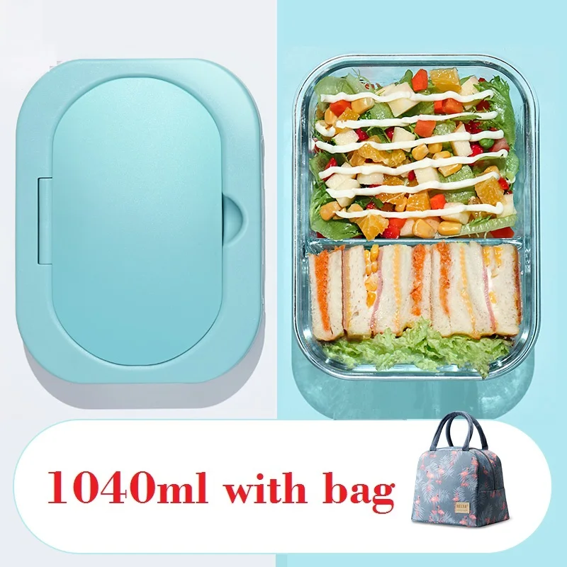 1040ml with bag Microwavable стеклянный Ланч-бокс с разделителем, крышкой, сумкой; приготовление еды стеклянные контейнеры для хранения продуктов с 2 отсеками; ланч-контейнер - Цвет: 1040ml with bag