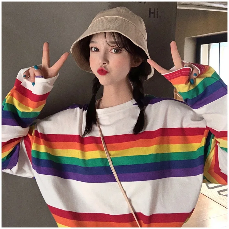 Women sweetshirts 2021 autumn Korean version of the rainbow striped long-sleeved loose top net red clothes Oversized hoodie tops
