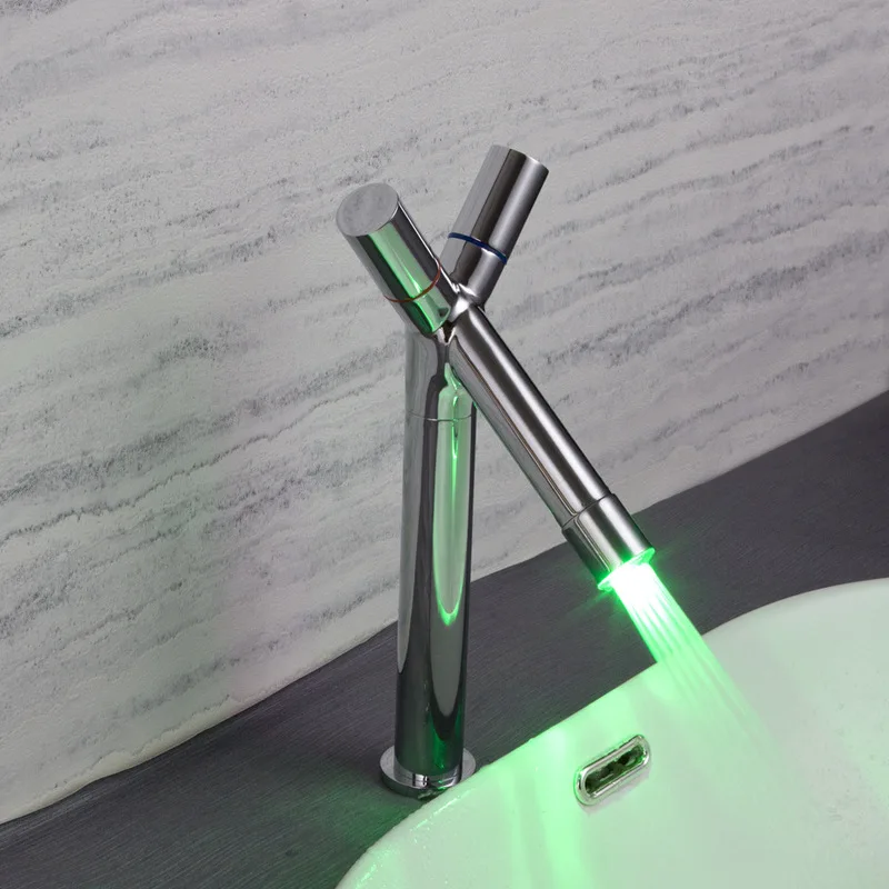 

The stage basin mixed water basin faucet LED color full copper double the puckering of hot and cold water