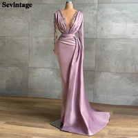 sevintage saudi arabic mermaid prom dresses appliques lace dubai evening gowns sheer o neck long sleeve pleats formal party gows