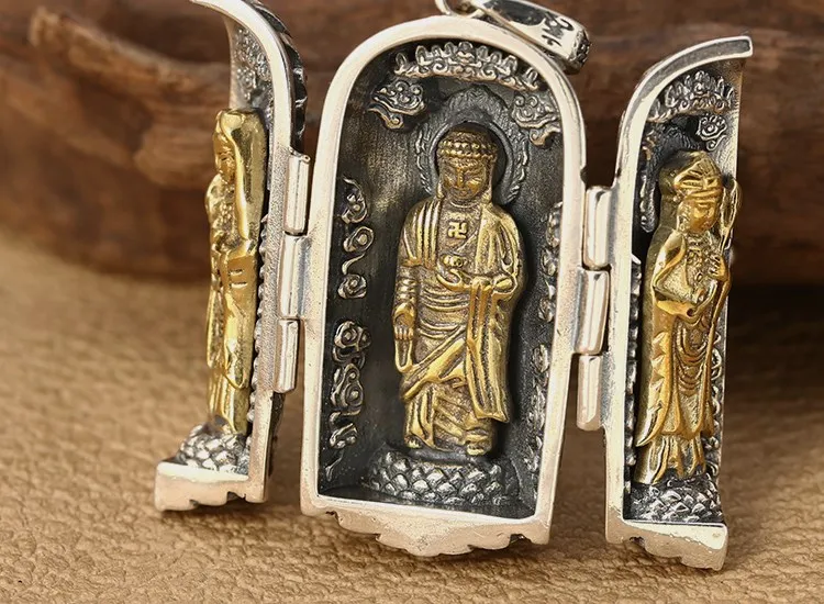 Real s925 sterling silver men's and women's pendants, retro personality, western three holy Buddha statues, Thai silver Guanyin