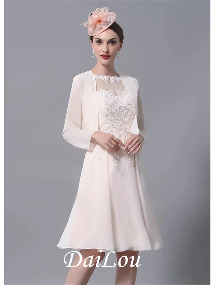 

A-Line Mother of the Bride Dress Wrap Included Jewel Neck Knee Length Chiffon Lace Long Sleeve with Appliques Ruching 2021