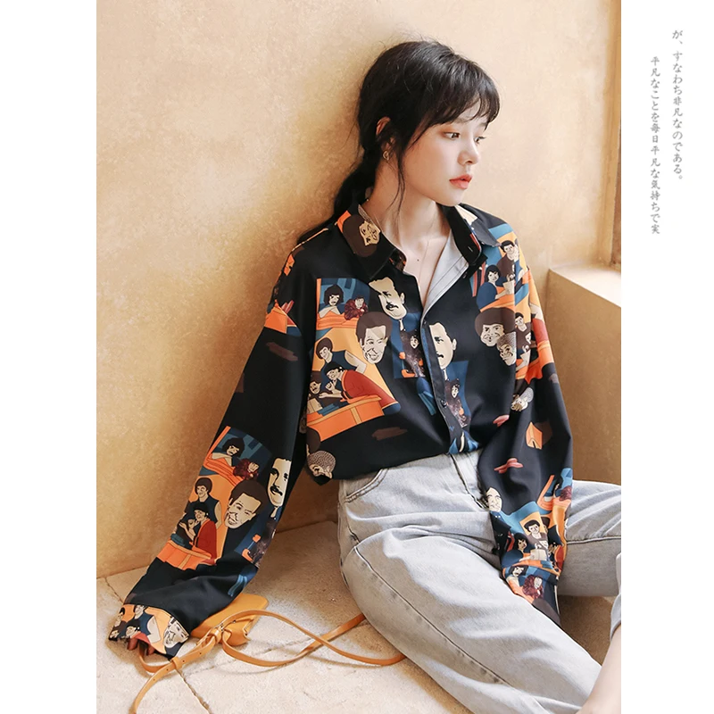 

Женская блузка с принтом, свободная, винтажная, повседневная, Vbw50XF, шифоновое в Корейском стиле