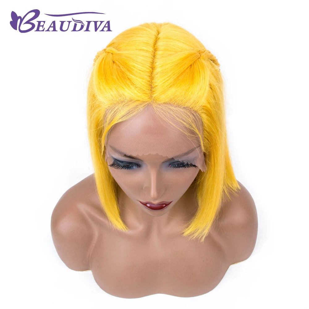 Желтые прямые короткие человеческие волосы на сетке парики боб для черных женщин