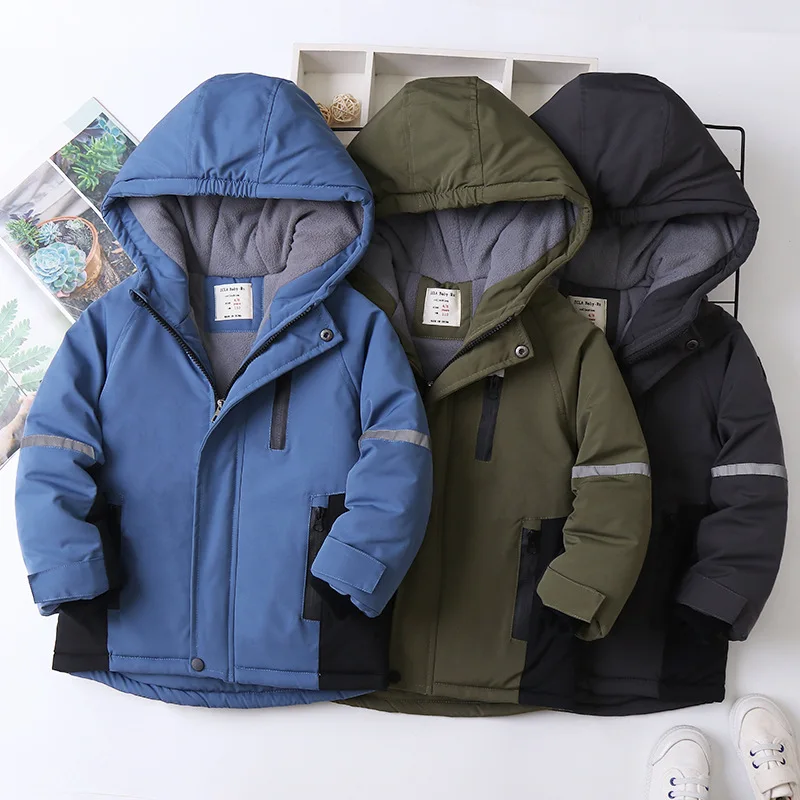 

Winter 4-12Yrs Boys Plush Thickened Color Matching Hooded Cotton Padded Clothes Jacket For Children's Outwear Boys Tops Clothes